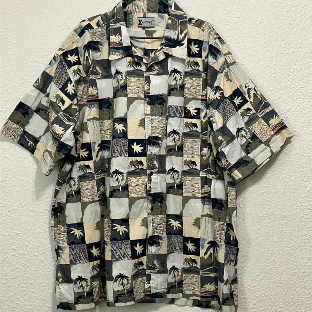 Vtg X-Drive Men's Patchwork Hawaiian Shirt 3XLT Short Sleeve Palm Tree Y2K Aloha